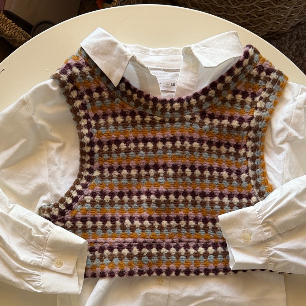 Zara Purple, Cream & Mustard Knit Vest + shirt